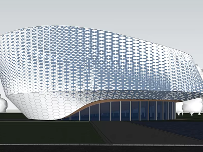 Modern Sales Office Building With Unique Grid Pattern Facade And Curved Architectural Design 3d model