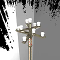Outdoor Street Light with Multiple White Bulbs on Golden Pole and Blue Sign Decorations