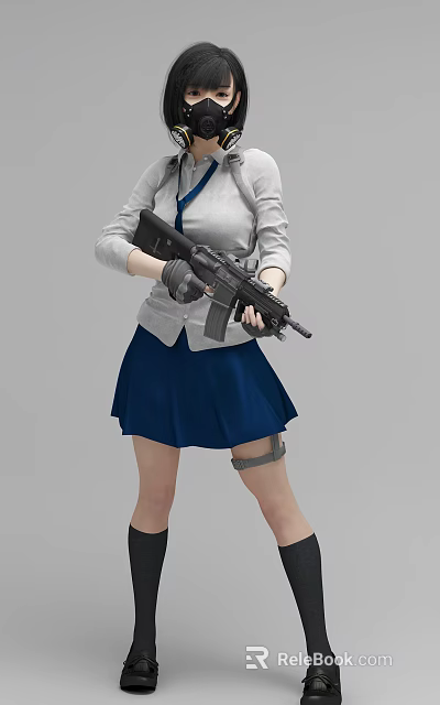 Woman in Gray Top Blue Skirt Black Gloves Holding Black Rifle with Leg Holster 3d model 