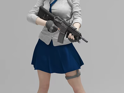 Woman in Gray Top Blue Skirt Black Gloves Holding Black Rifle with Leg Holster 3d model