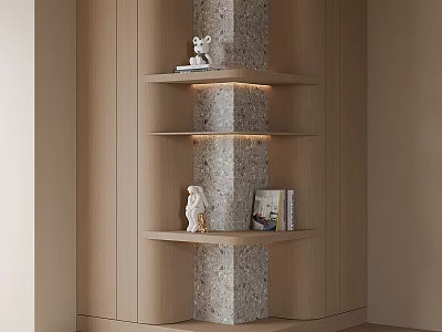 Modern Built-in Wooden Decorative Cabinet With Stone Column Layered Shelves Lighting Decorative Items And Books 3d model