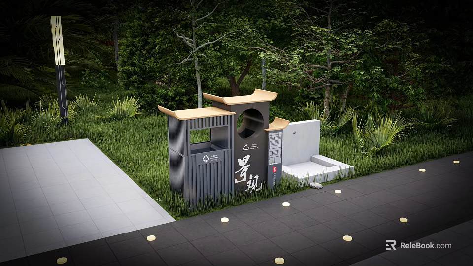 Public Outdoor Trash Bin With Landscaped Greenery Stone Path And Trees 3d model