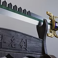 Ornate Sword with Spiked Blade Golden Hilt Dragon Pattern on Wooden Stand with Carved Characters