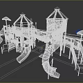 Kids Playground With Multiple Red Slides Decorative Canopies Blue Floor And Wooden Benches