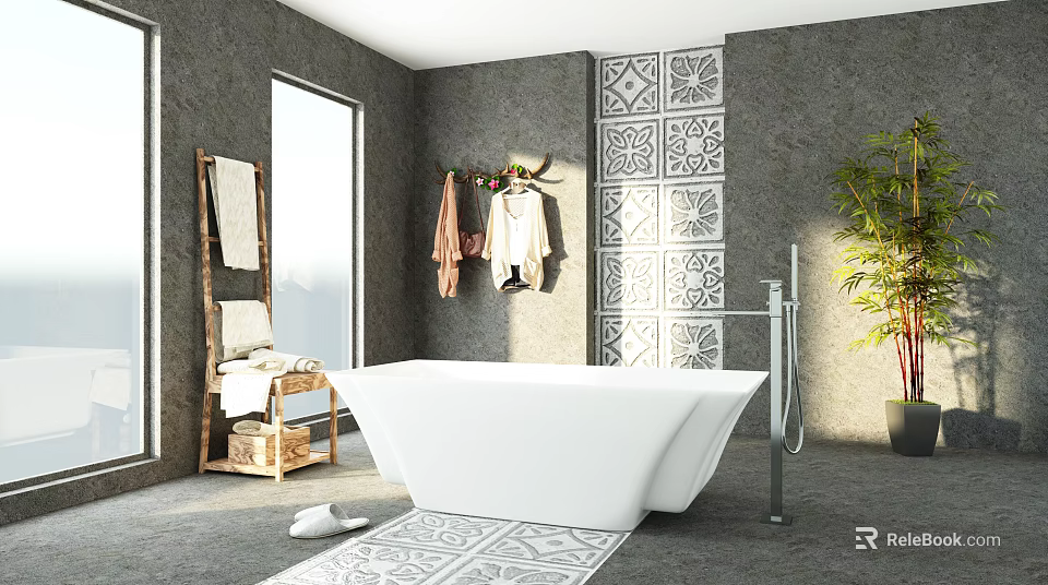 Modern Bathroom Interior With White Freestanding Bathtub Gray Walls Decorative Patterned Tiles And Potted Plant 3d model 