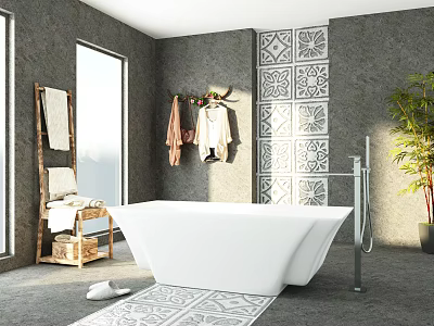 Modern Bathroom Interior With White Freestanding Bathtub Gray Walls Decorative Patterned Tiles And Potted Plant 3d model