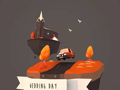 Wedding Day Scene With Floating Island Castle Vintage Car Orange Trees And Flying Birds 3d model