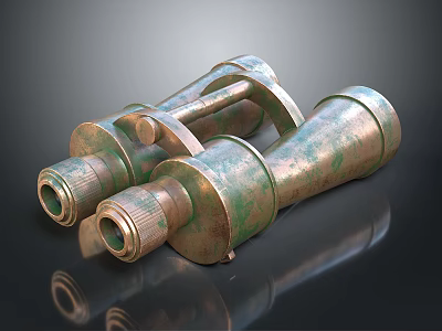 Vintage Rusty Binoculars With Green Patina On Black Reflective Surface 3d model