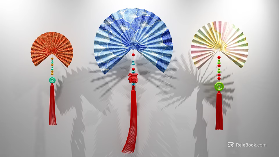 Colorful Decorative Fans Art Installation With Red Tassels And Fu Charms 3d model 