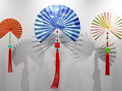 Colorful Decorative Fans Art Installation With Red Tassels And Fu Charms 3d model
