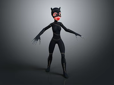 Catwoman 3D Model With Black Bodysuit Cat Ear Mask Red Lips Clawed Hands Standing Pose 3d model