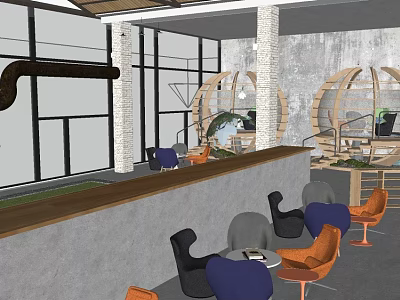 Modern Dessert Shop Interior With Colorful Chairs Wooden Bar Counter And Decorative Lights 3d model
