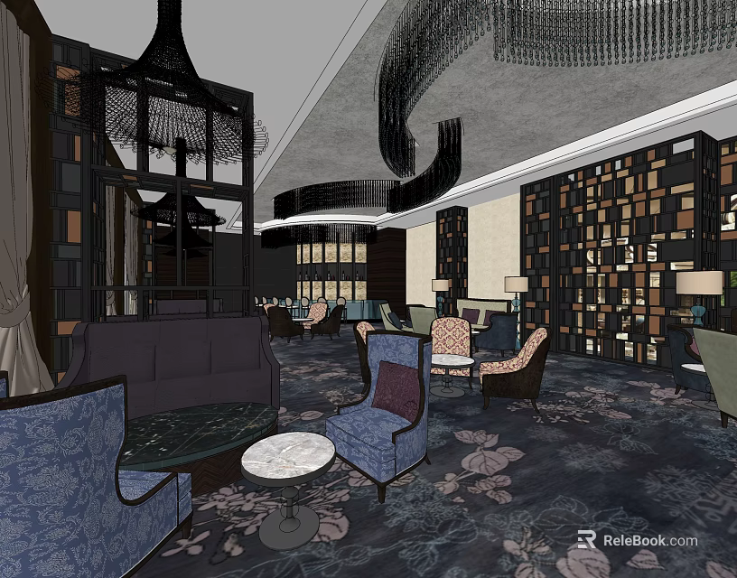 Luxurious Hotel Lobby Interior Design With Plush Sofas Chandeliers And Decorative Wall Panels 3d model