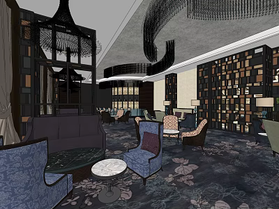 Luxurious Hotel Lobby Interior Design With Plush Sofas Chandeliers And Decorative Wall Panels 3d model