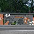 Outdoor Developer Signboard Featuring Gear Designs And Green Trees Around 3d model