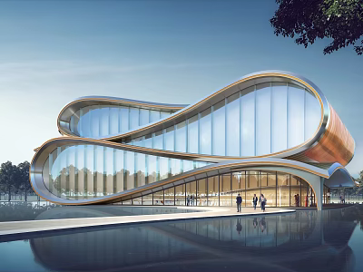 Modern Streamlined Building With Glass Facade And Water Reflection 3d model