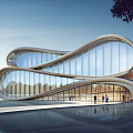 Modern Streamlined Building With Glass Facade And Water Reflection