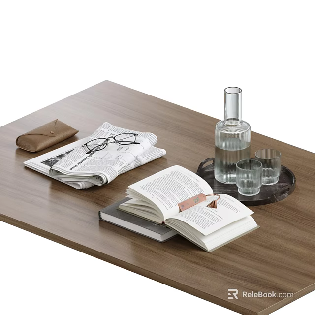 Decorative Ornament Combination With Books Eyeglasses Newspaper Tray Glass Bottle And Cups On Wooden Table 3d model 