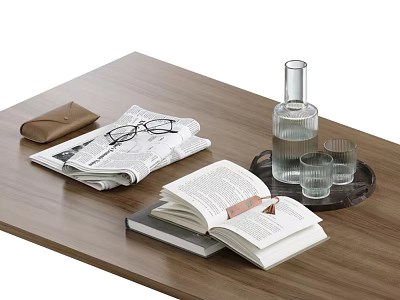 Decorative Ornament Combination With Books Eyeglasses Newspaper Tray Glass Bottle And Cups On Wooden Table 3d model