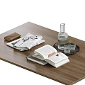 Decorative Ornament Combination With Books Eyeglasses Newspaper Tray Glass Bottle And Cups On Wooden Table