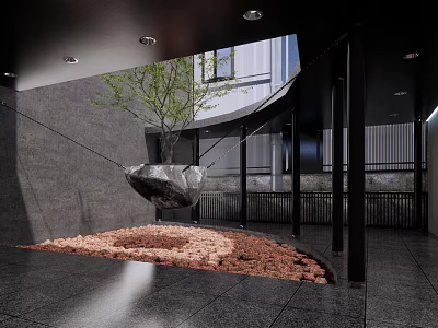 Modern Garden Landscape With Hanging Tree Hammock Red Gravel Black Wall And Open Space 3d model