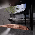 Modern Garden Landscape With Hanging Tree Hammock Red Gravel Black Wall And Open Space