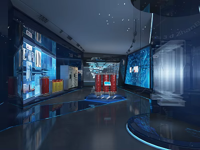 Modern High Tech Exhibition Hall With Illuminated Showcases And Digital Displays 3d model