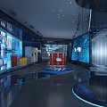 Modern High Tech Exhibition Hall With Illuminated Showcases And Digital Displays
