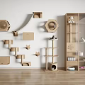 Wooden Cat Furniture Set With Wall Mounted Shelves Hexagon Shapes And Paw Prints
