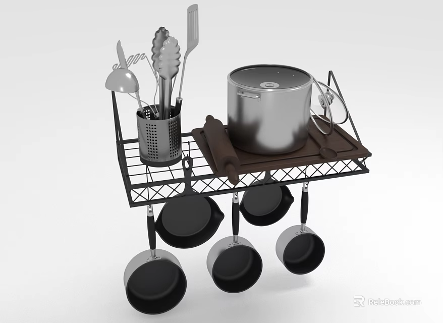 Black Metal Kitchen Storage Rack With Hanging Pans Pot Spatula And Ladle 3d model 