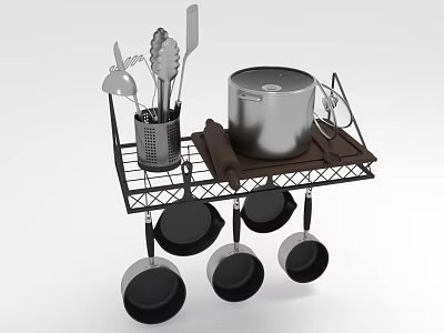 Black Metal Kitchen Storage Rack With Hanging Pans Pot Spatula And Ladle 3d model