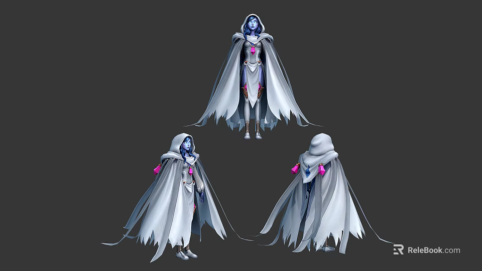 Woman with White Cloak Tattered Design Blue Skin and Pink Accents Character Design Multiple Angles 3d model 