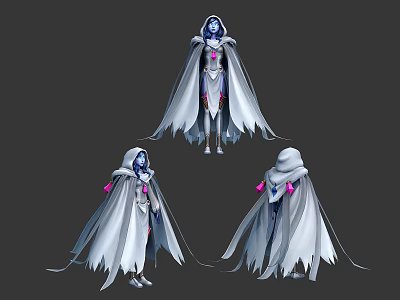 Woman with White Cloak Tattered Design Blue Skin and Pink Accents Character Design Multiple Angles 3d model