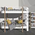 Modern White Wooden Bunk Bed With Yellow Gray Pillows Blanket Side Shelf And Woven Rug