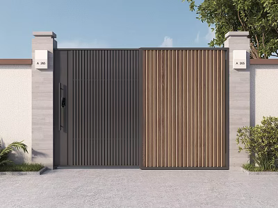 Modern Double Leaf Gate With Vertical Slats Stone Pillars Lights And Greenery Surroundings 3d model