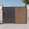 Modern Double Leaf Gate With Vertical Slats Stone Pillars Lights And Greenery Surroundings