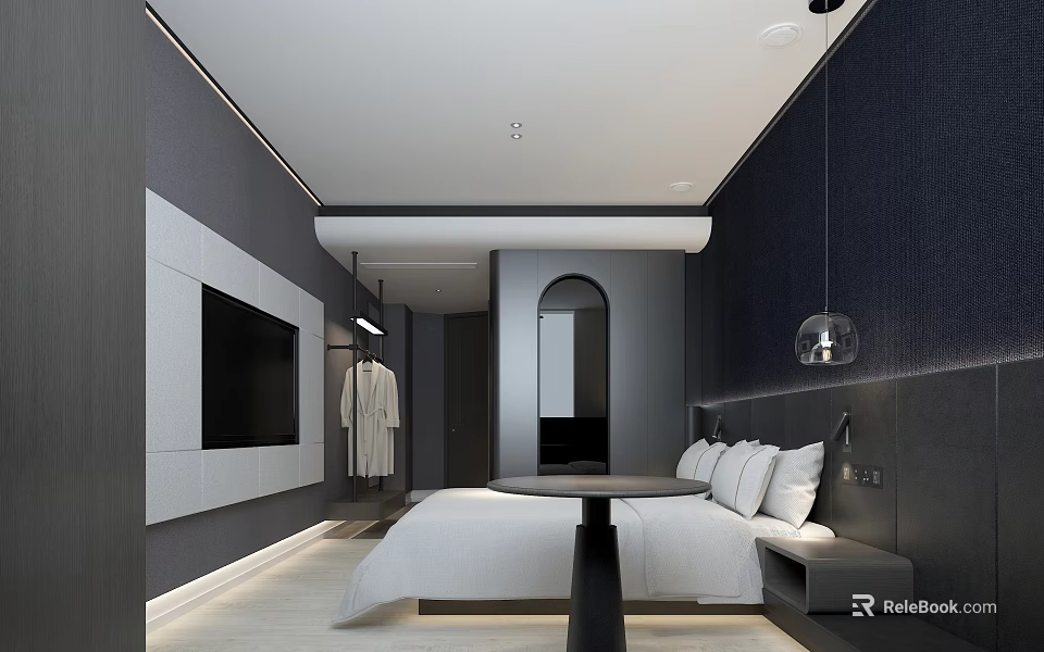 Modern Hotel Room Interior With White Bed TV Mirror And Pendant Light 3d model 