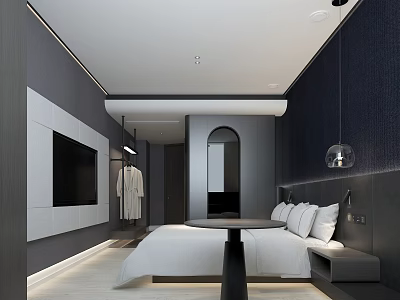 Modern Hotel Room Interior With White Bed TV Mirror And Pendant Light 3d model