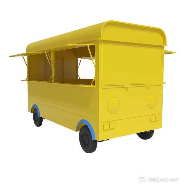 Yellow Mobile Food Truck Design Featuring Open Service Windows And Wheels 3d model 