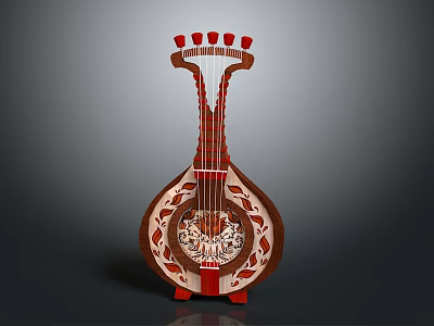 Elegant Red Brown Decorative Stringed Musical Instrument With Carved Patterns And Wooden Stand 3d model
