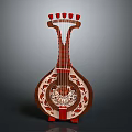 Elegant Red Brown Decorative Stringed Musical Instrument With Carved Patterns And Wooden Stand