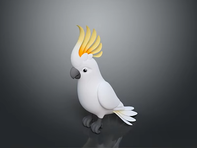 White Cockatoo with Bright Yellow Crest Standing on Dark Black Background 3d model