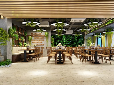 Modern Restaurant Interior With Wooden Ceiling Green Plants And Comfortable Tables Chairs Decor 3d model