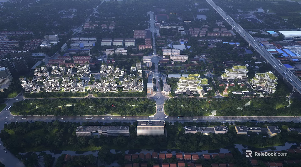 Aerial Urban Planning View With City Layout Buildings Roads And Green Spaces 3d model 