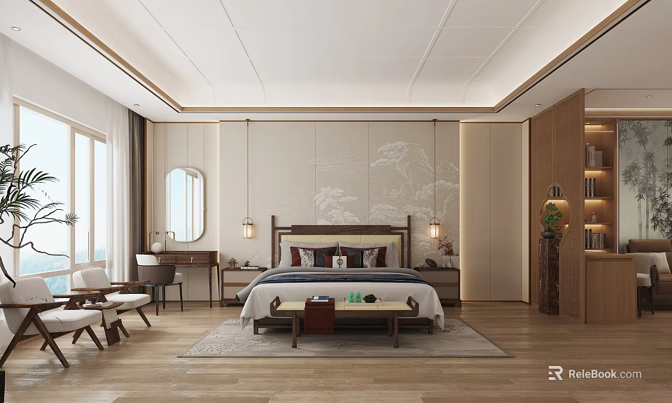 Modern Bedroom Interior Design With Large Bed Rug Wooden Floor And Landscape Decorative Wall 3d model 
