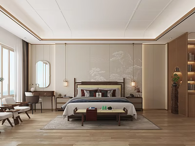 Modern Bedroom Interior Design With Large Bed Rug Wooden Floor And Landscape Decorative Wall 3d model