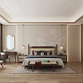 Modern Bedroom Interior Design With Large Bed Rug Wooden Floor And Landscape Decorative Wall