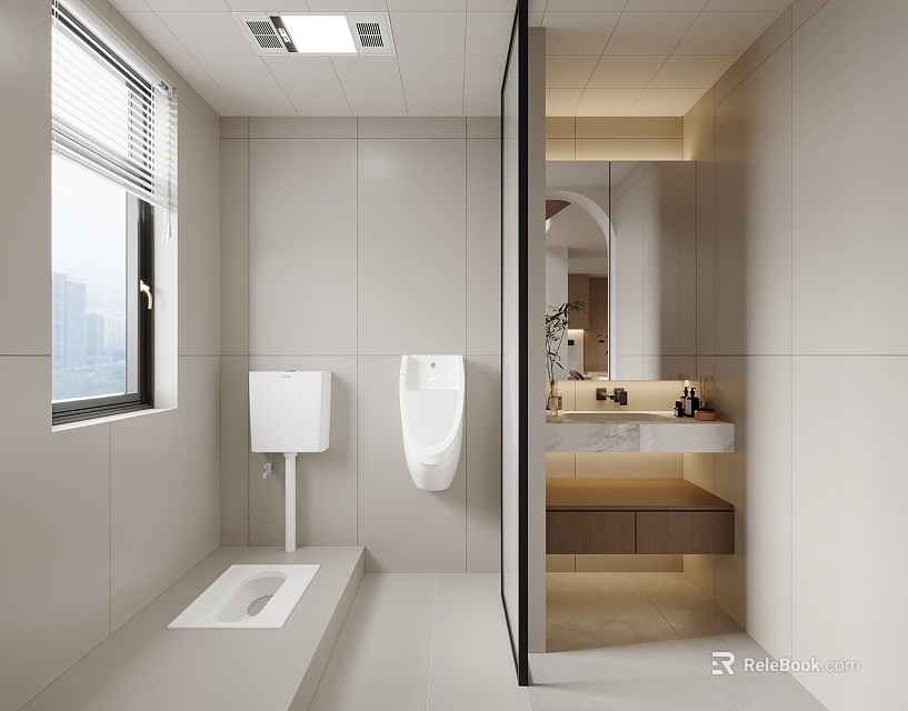 Modern Bathroom Interior With Tiled Walls Floor Window Toilet Urinal Sink Mirror And Cabinets 3d model 