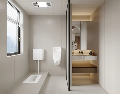 Modern Bathroom Interior With Tiled Walls Floor Window Toilet Urinal Sink Mirror And Cabinets 3d model