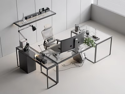 Modern Glass Top Office Desk With Ergonomic Chair Computer Monitor And Potted Plant 3d model